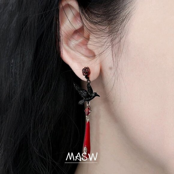 Gothic Crow Earrings Red Pendant Dangle Jewelry for Women Halloween Gift - Picture 2 of 6